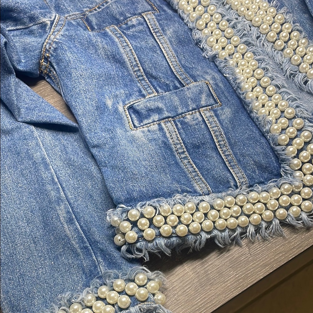 Bohemian Blue and White Lace Jean Jacket - Picture 5 of 6